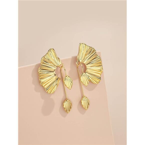 18K Gold Plated Boho Fan Earrings | Chunky Statement Dangle - Picture 5 of 7